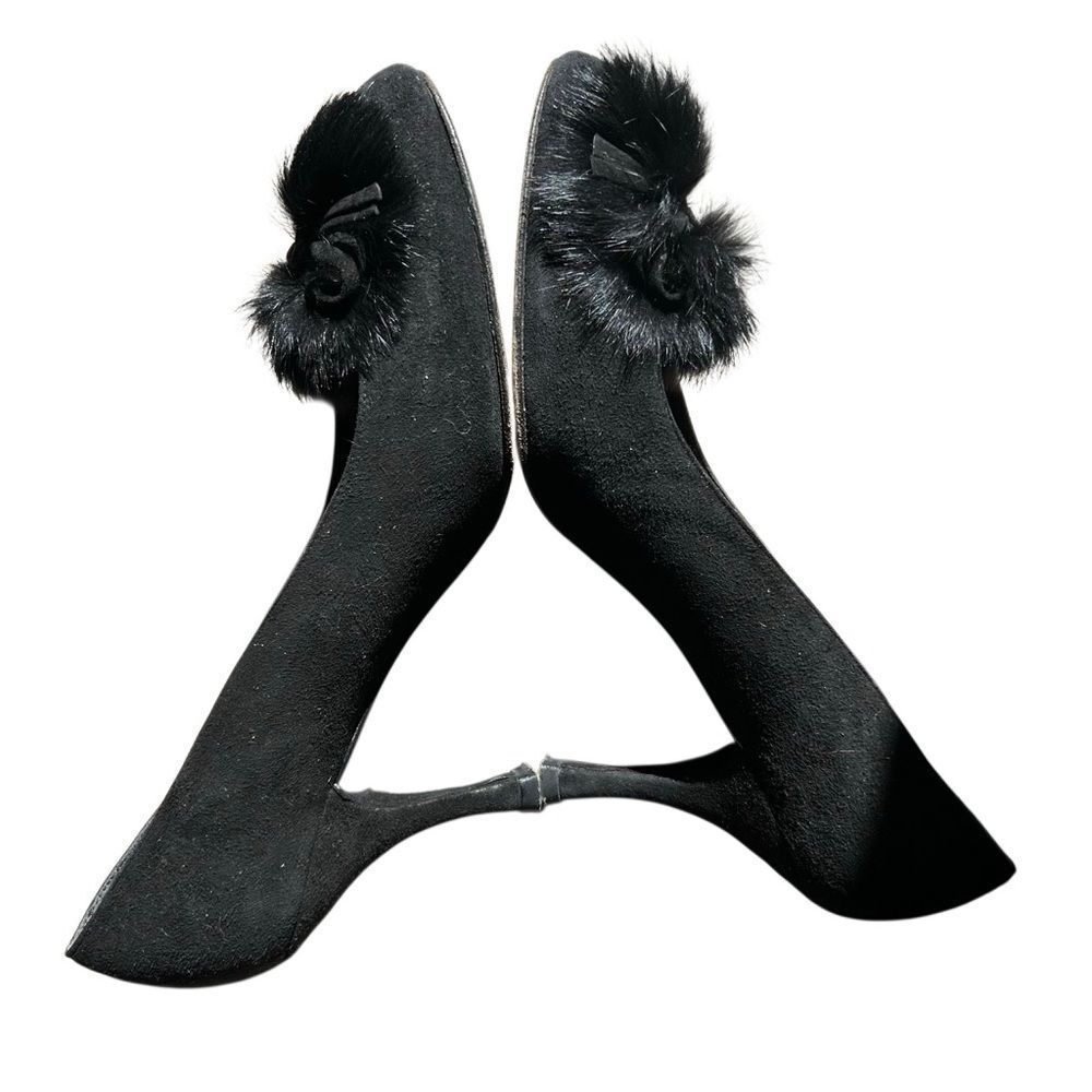 Stuart Weitzman black fur suede leather square toe Bow Heel 7.5 Pump Career Y2K - Picture 5 of 8